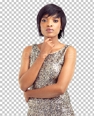 Buy stock photo Black woman, fashion and portrait with arms crossed in dress, style or formal clothing on isolated, transparent or png background. African, face and serious model with beauty, glamour and confidence