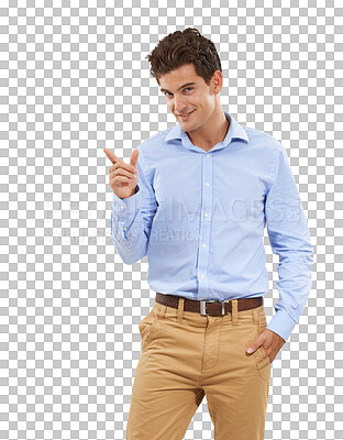 Buy stock photo Professional, pointing and portrait of business man on isolated, png and transparent background. Advertising, announcement and male person with hand gesture for promotion, information and deal news