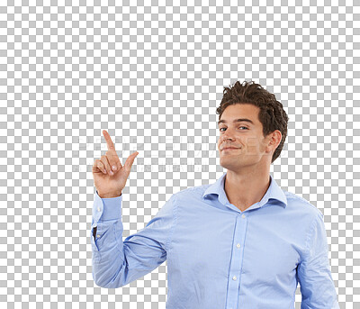 Buy stock photo News, pointing up and portrait of business man on isolated, png and transparent background. Advertising, professional and male person with hand gesture for promotion, information and announcement