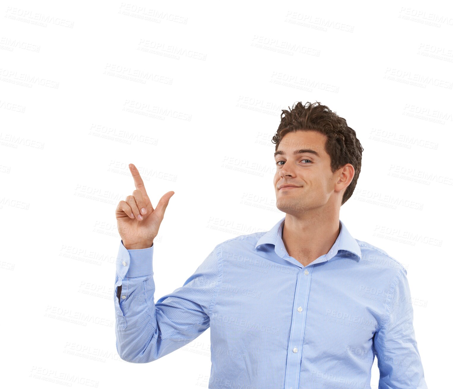 Buy stock photo News, pointing up and portrait of business man on isolated, png and transparent background. Advertising, professional and male person with hand gesture for promotion, information and announcement