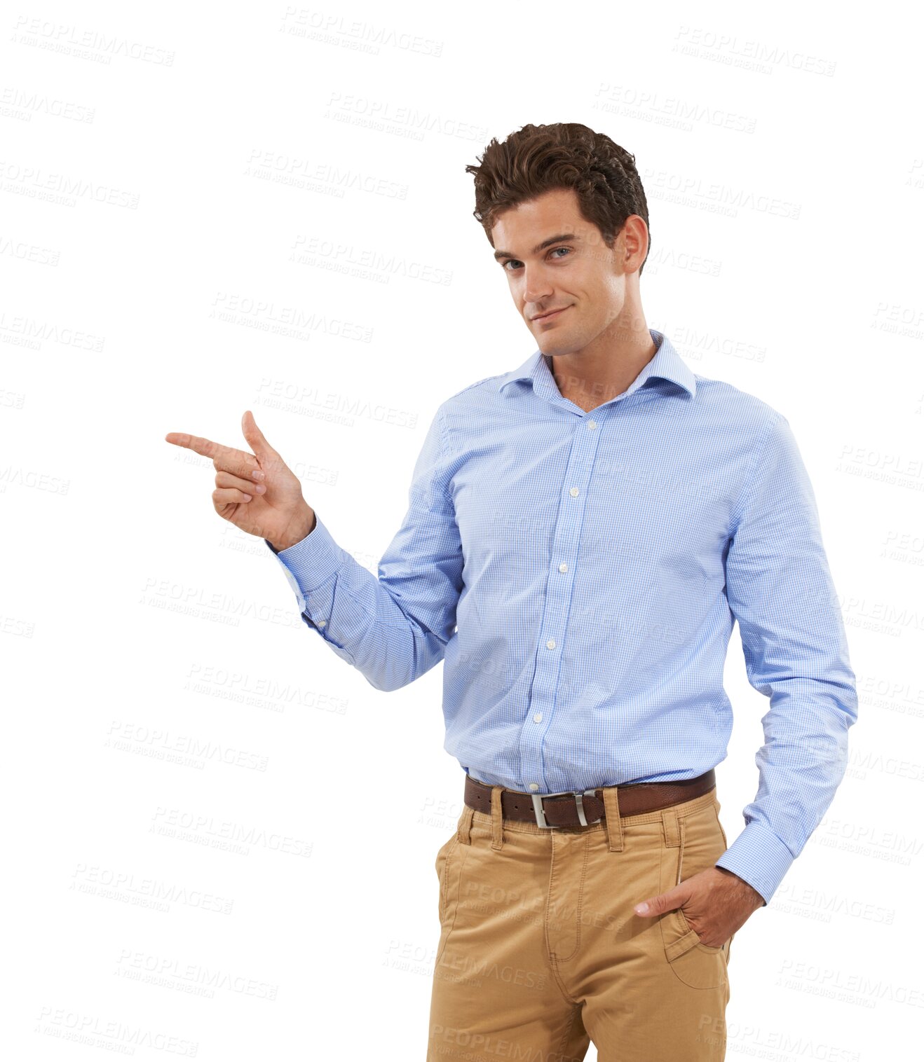 Buy stock photo Promotion, pointing and portrait of business man on isolated, png and transparent background. Advertising, professional and happy male person with hand gesture for announcement, information and deal