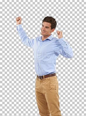 Buy stock photo Winner, success and business man with celebration and happy bonus, news or profit achievement. Sales, target or power of corporate person or model with fist isolated on a transparent, png background