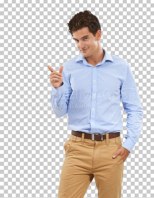 Buy stock photo Advertising, pointing and portrait of business man on isolated, png and transparent background. Announcement, professional and happy male person with hand gesture for promotion, news and showing