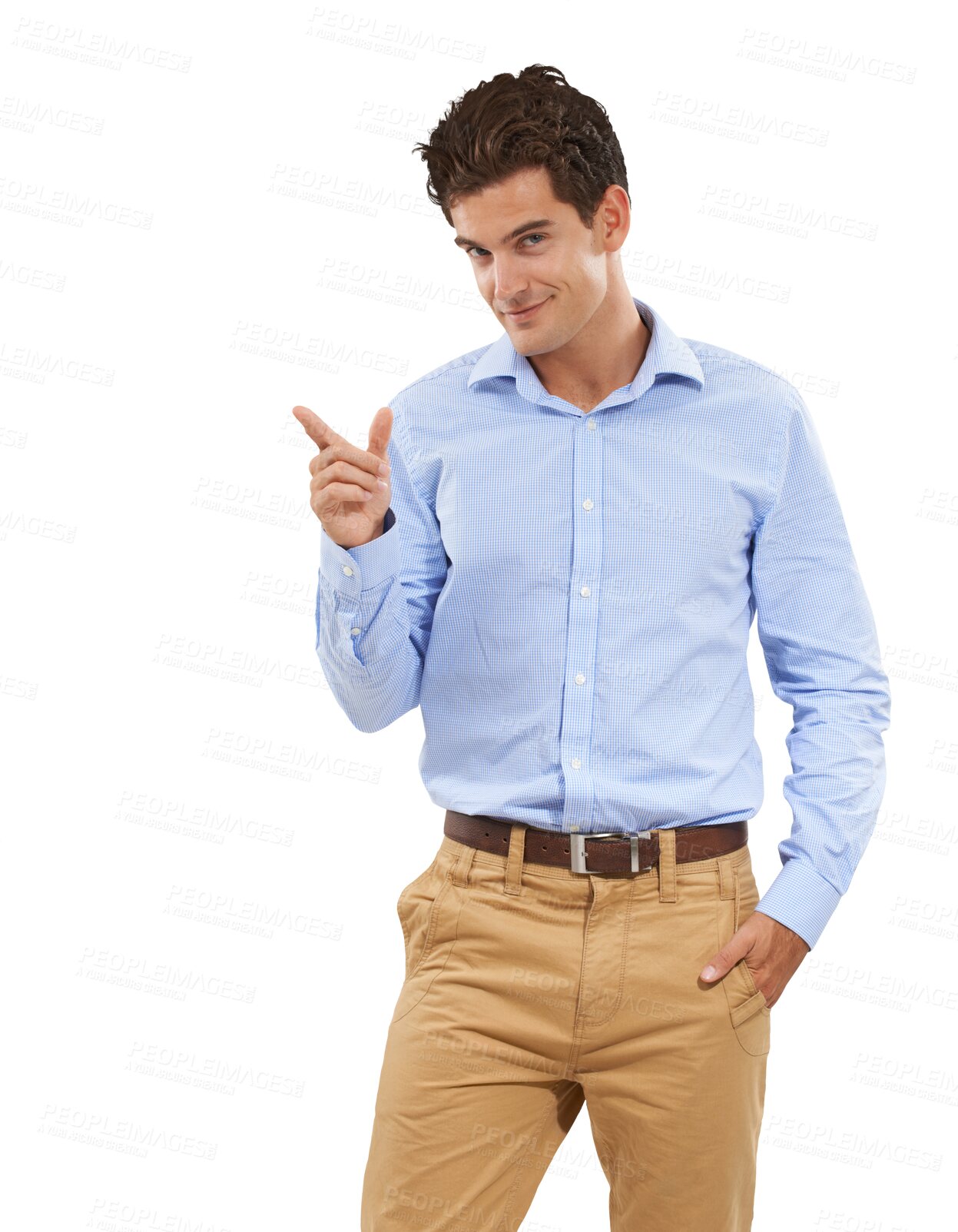 Buy stock photo Advertising, pointing and portrait of business man on isolated, png and transparent background. Announcement, professional and happy male person with hand gesture for promotion, news and showing