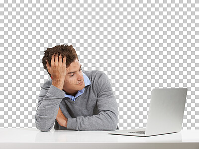 Buy stock photo Computer work, businessman and bored employee reading and thinking of web data on internet. Tired, online and young professional male corporate lawyer on laptop isolated by transparent png background