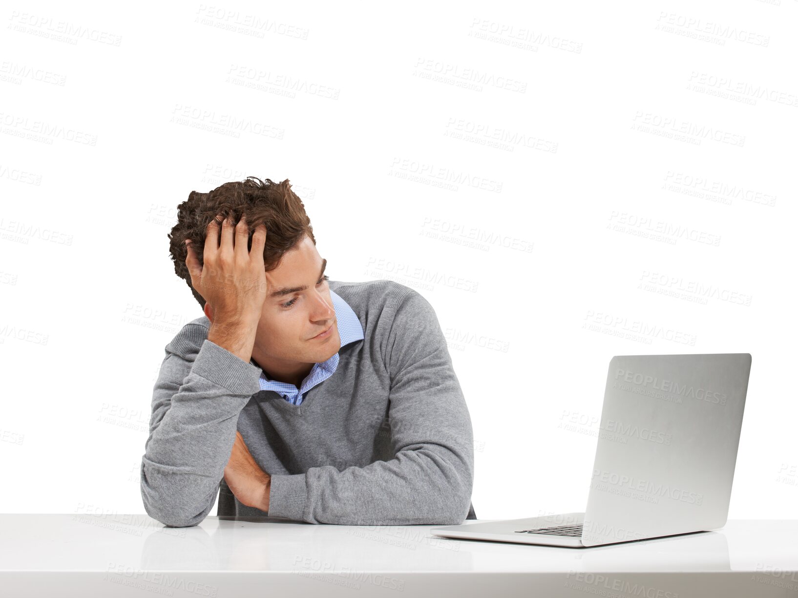 Buy stock photo Computer work, businessman and bored employee reading and thinking of web data on internet. Tired, online and young professional male corporate lawyer on laptop isolated by transparent png background