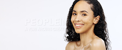 Buy stock photo Black woman, beauty and face with skincare in portrait smile, facial and cosmetic care isolated on white background banner. Dermatology, natural cosmetics and spa treatment glow, mockup space and female model