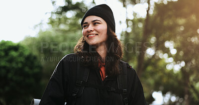 Hiking, woman and peace with view from trekking on an adventure and journey outdoor. Travel, forest and happy male person on a vacation with a smile from holiday and freedom with walk in nature