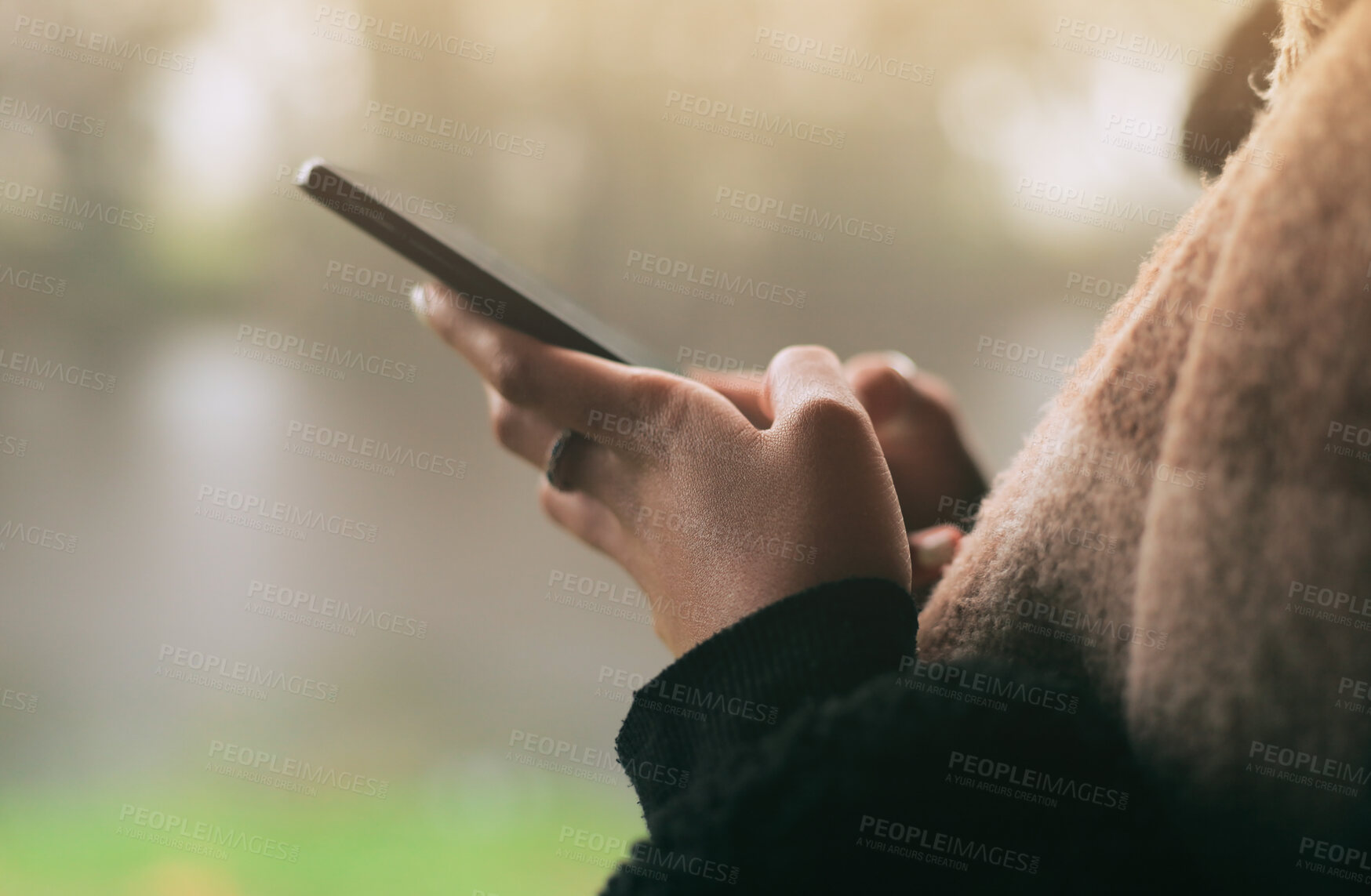 Buy stock photo Hands, person and phone for social media, technology or communication outdoor on a winter morning. Mobile, people and smartphone for typing a text message, contact or conversation on website or chat