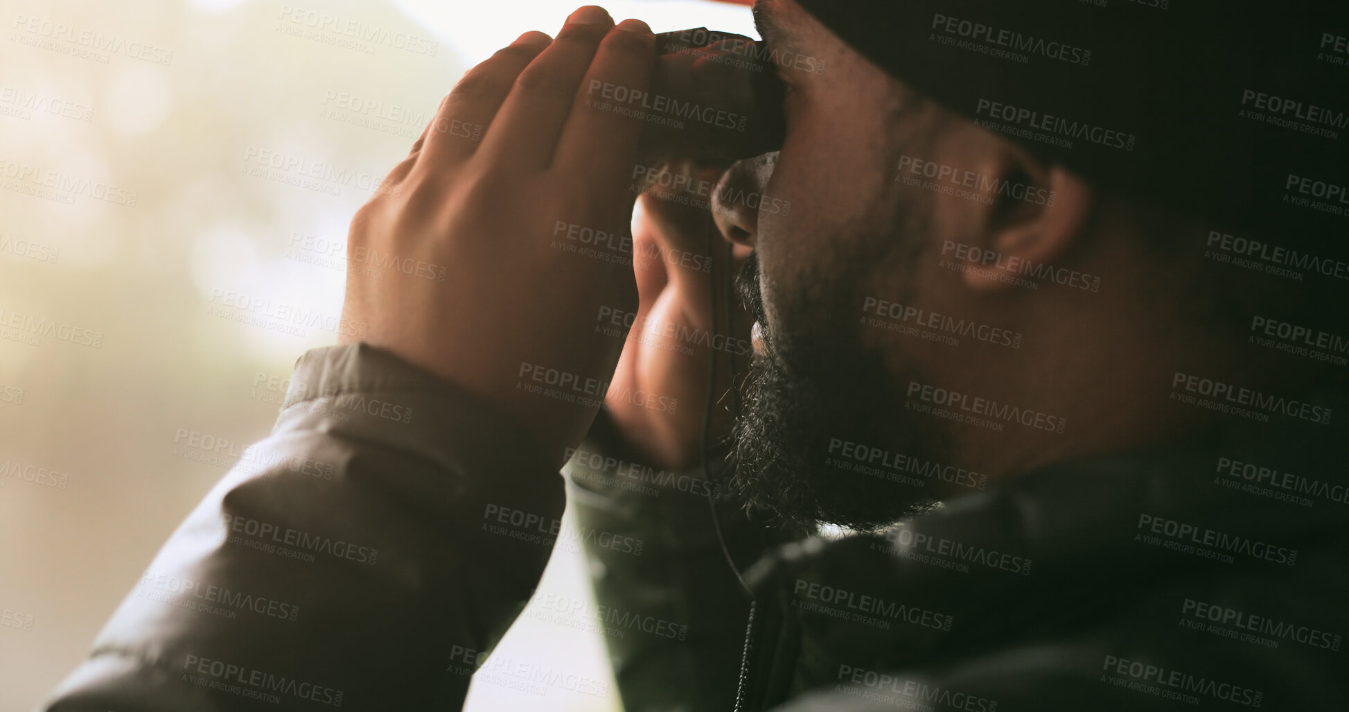 Buy stock photo Man, binoculars and bird watching while hiking, nature and sightseeing with travel and journey outdoor. Environment, adventure and looking at view with trekking, search and trip to forest or park