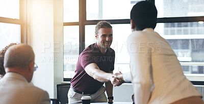 Business people, handshake and meeting for introduction, teamwork success or welcome at the office. Businessman and woman shaking hands for team greeting, deal or agreement together at the conference