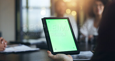 Business people, hands and tablet with green screen mockup in meeting for presentation or discussion at office. Person holding technology with chromakey display or tracking markers in team conference