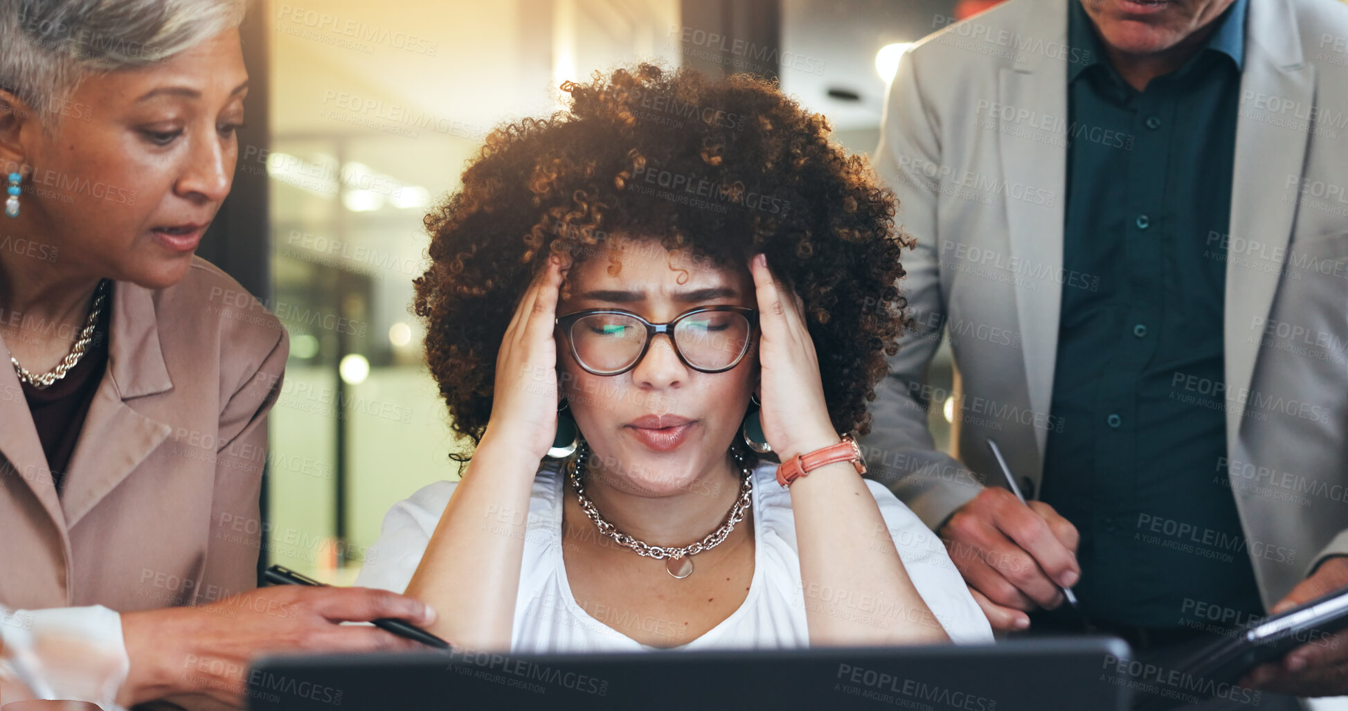 Buy stock photo Business woman, stress and headache in team, anxiety or pressure in burnout or overworked at office. Face of female person or manager in migraine, mental health or fatigue and multitasking workflow