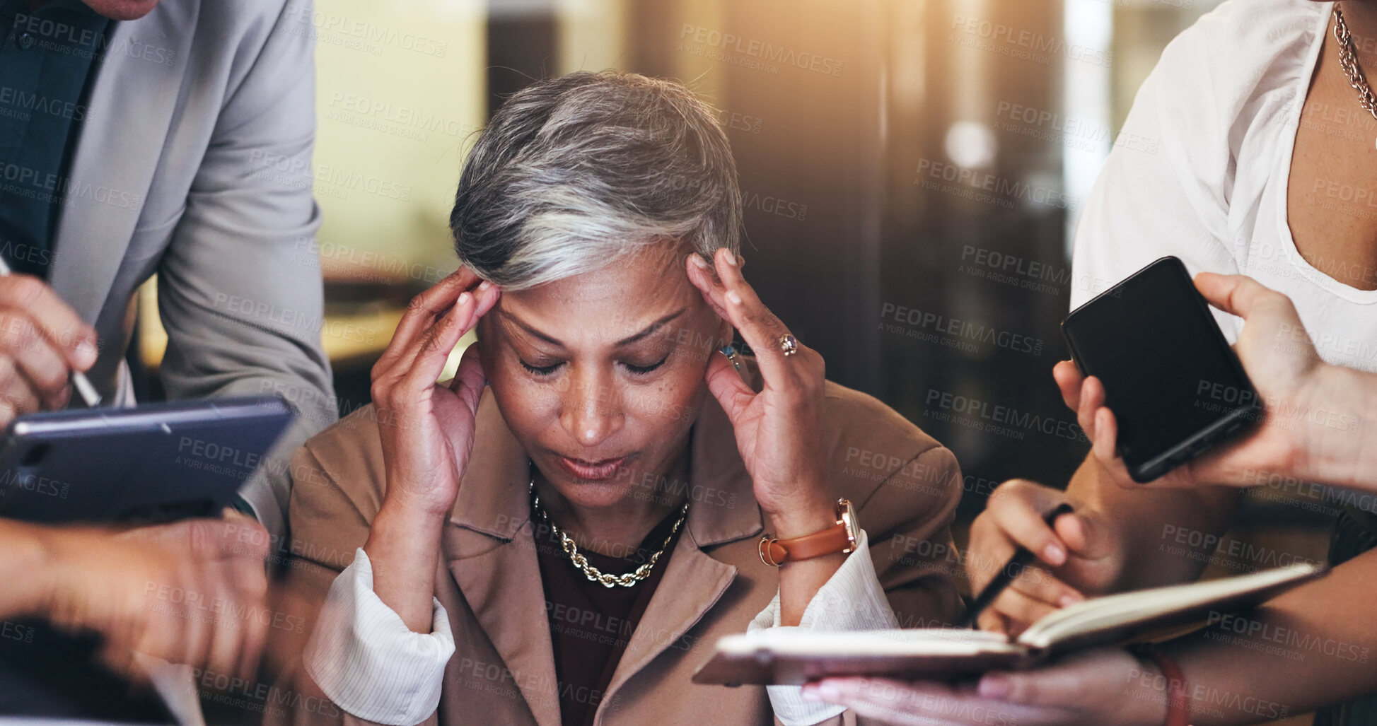 Buy stock photo Stress, multitasking and business woman with team and headache for pressure, chaos and fatigue. Corporate manager, anxiety and senior person with crisis, overworked and project deadline in office