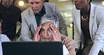 Stress, computer and business people with stock market crash, financial crisis or online mistake and news. Group of men and woman with manager sad, angry or headache for budget, taxes or sales error