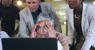 Stress, computer and business people with stock market crash, financial crisis or online mistake and news. Group of men and woman with manager sad, angry or headache for budget, taxes or sales error