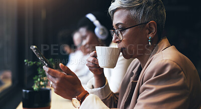 Business woman, phone and coffee shop for social media ideas, networking inspiration or communication. Business person or senior entrepreneurship drinking tea at restaurant or cafe for remote work
