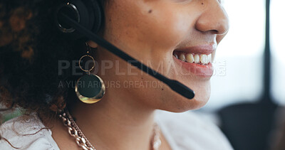 Talking, microphone and mouth of a call center woman for crm, advice and support. Smile of female consultant or sales agent speaking over headset for customer service, telemarketing or help desk