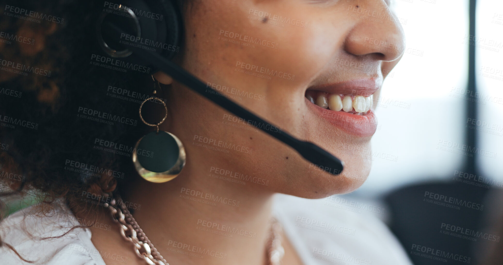 Buy stock photo Call center, face and mouth of woman with smile for customer service, advisory help or CRM questions. Closeup, consultant or telemarketing with microphone for solution, telecom support or FAQ contact