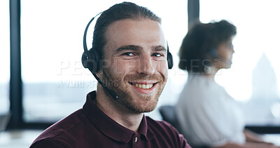 Call center, customer service and portrait of a man with a headset and smile for crm, advice and support. Male consultant in office for telemarketing, salesman and help desk or contact us agent