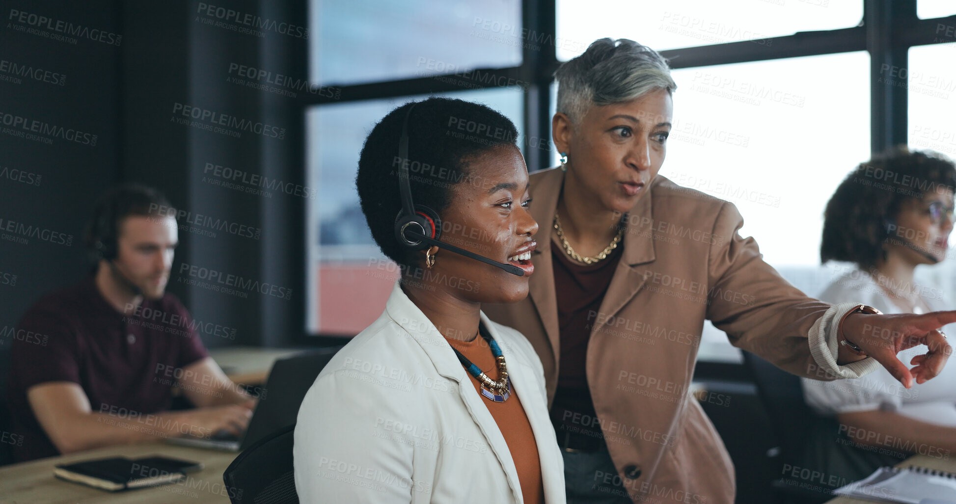 Buy stock photo Call center, woman and coach with training, talk and advice for customer service, telemarketing or communication. Manager, consultant and mentorship with tech support, crm and contact us at help desk