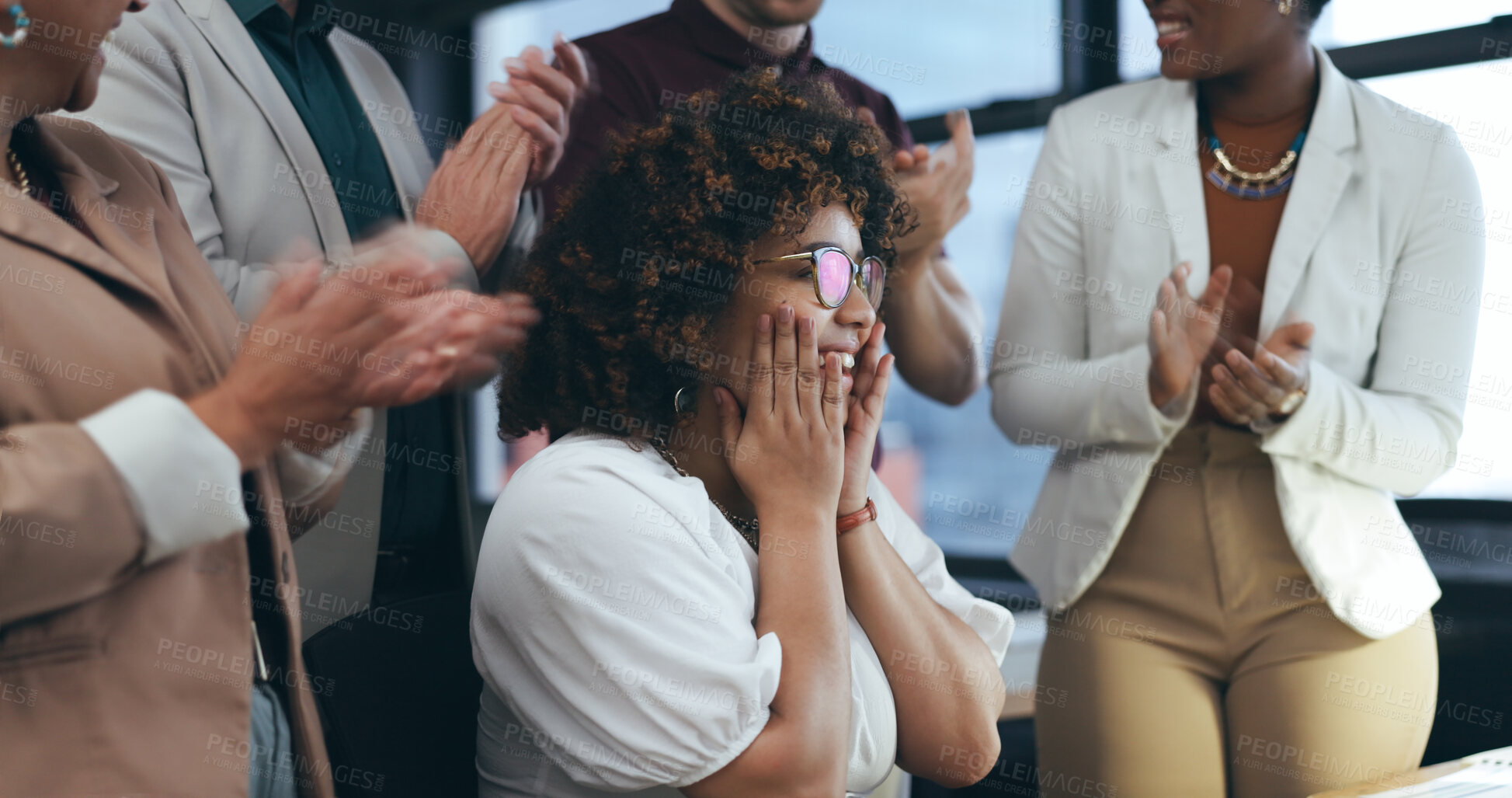 Buy stock photo Success, applause and wow, excited woman with team support, celebration and happy achievement for business people. Congratulations, cheers and smile, girl at desk and group of employees in office.