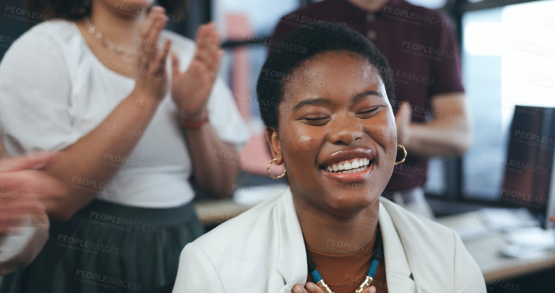 Buy stock photo Success, applause and happy black woman with team support, celebration and achievement with business people. Congratulations, winner and smile, businesswoman and group of employees praise in office.