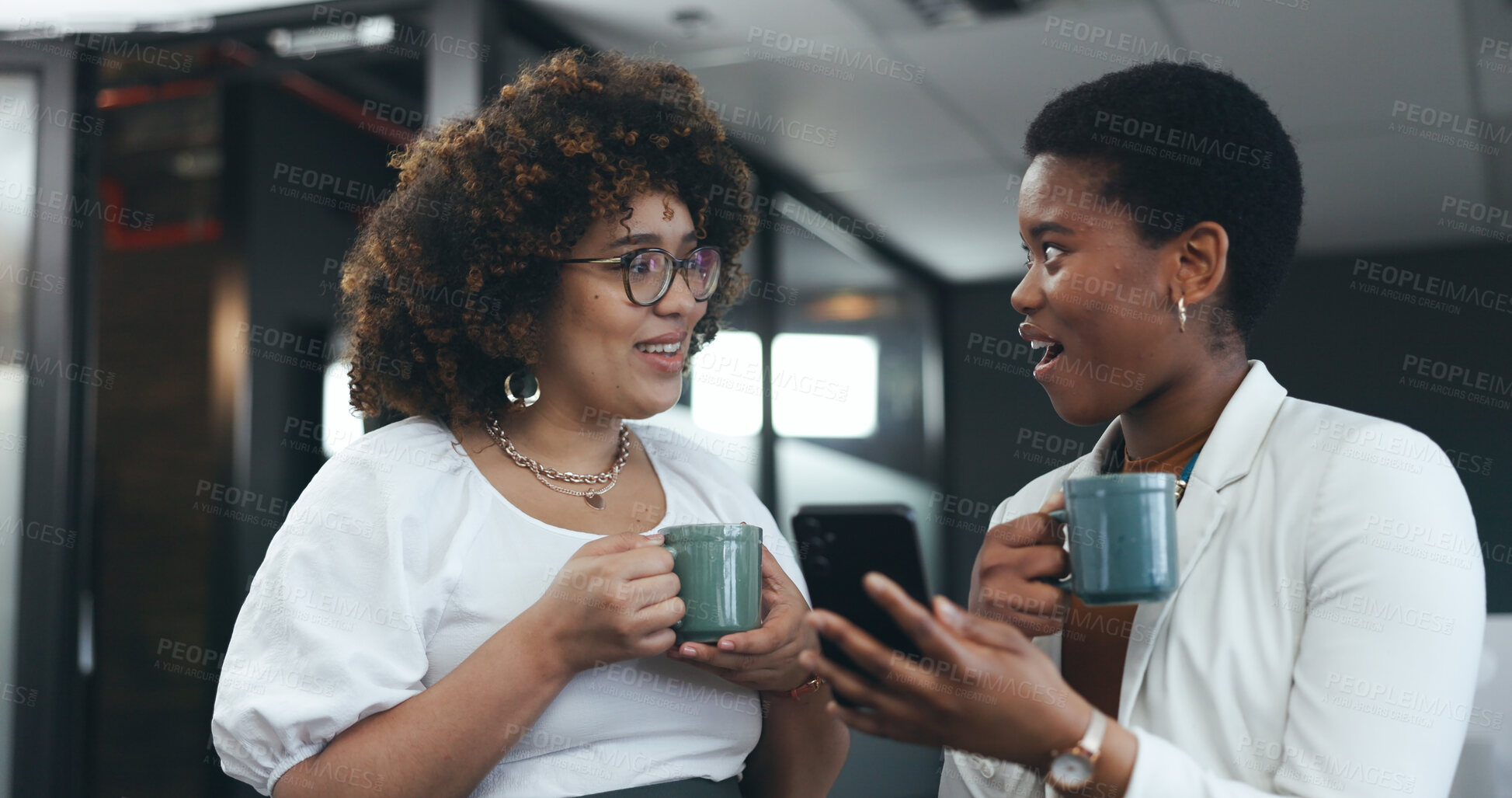 Buy stock photo Phone, conversation and business people with coffee in the office networking on social media on break. Happy, discussion and professional female people drinking cappuccino and browsing on cellphone.