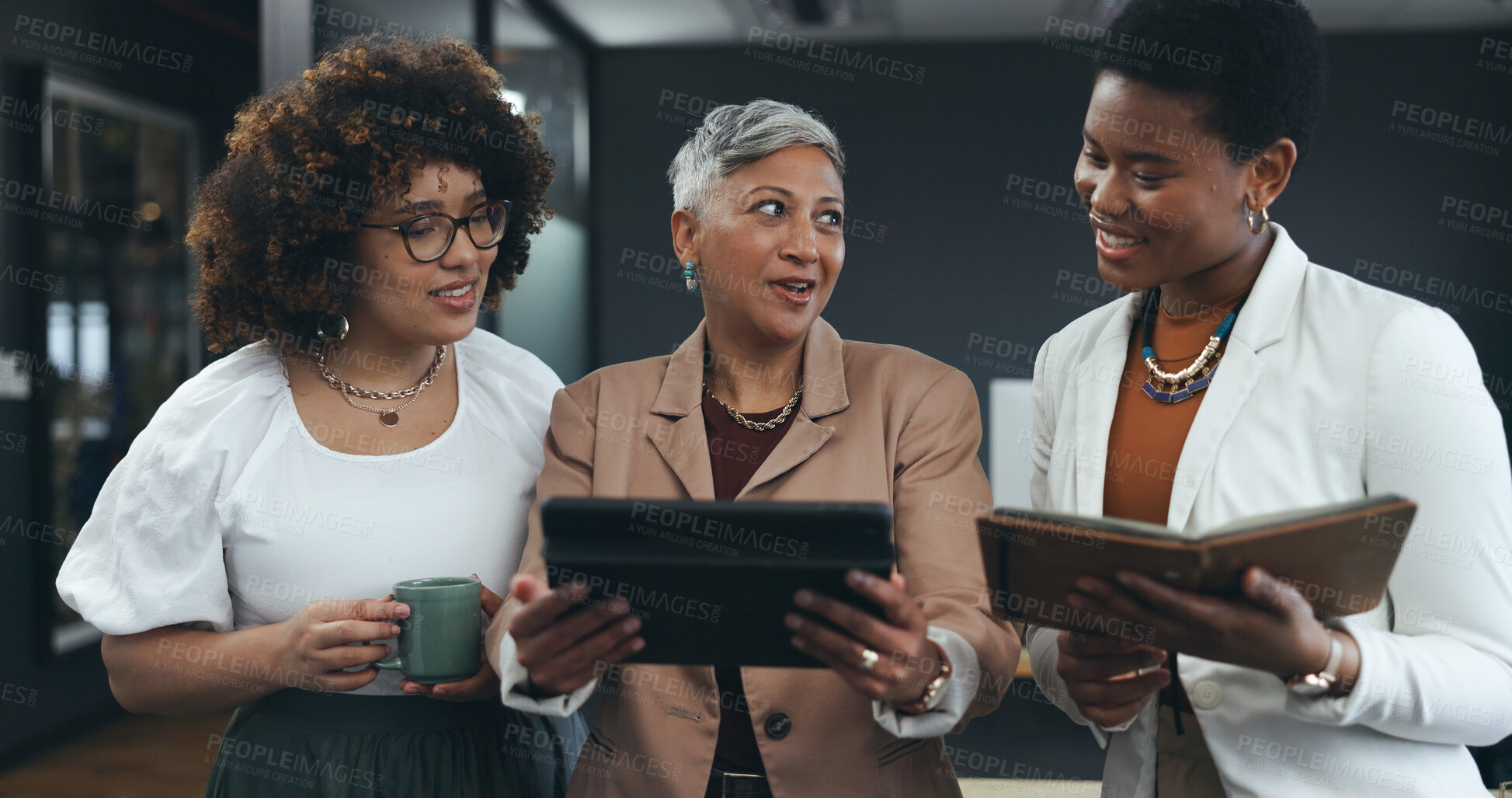 Buy stock photo Tablet, planning and a business manager with her team in the office for strategy discussion or brainstorming. Collaboration, teamwork or meeting with a company leader and staff talking in a workplace