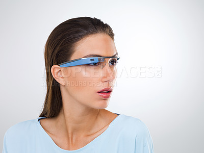 Buy stock photo Thinking, woman and smart glasses for augmented reality, metaverse or innovation. Face, cyber eyewear and futuristic tech, vision and serious person in studio isolated on a white background mockup