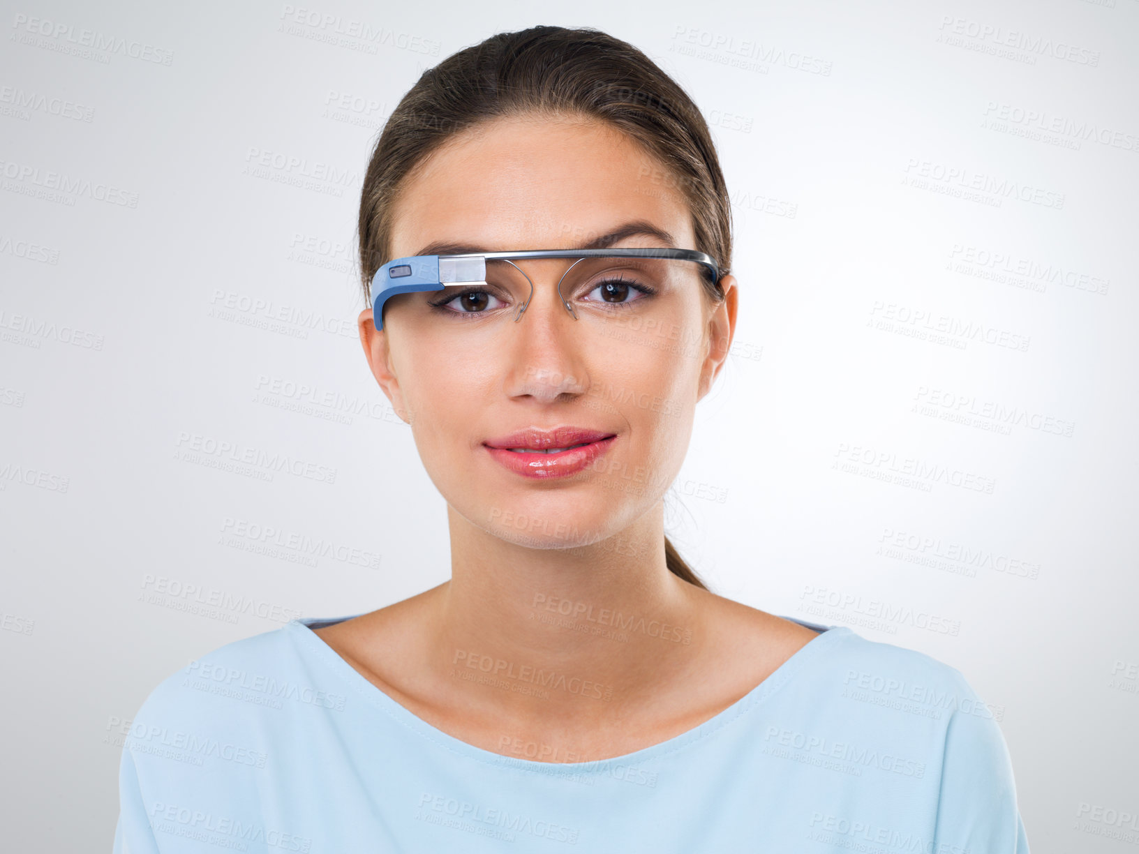 Buy stock photo Portrait, woman or smart glasses for augmented reality, metaverse or innovation in studio isolated on white background. Face, cyber eyewear or future technology for virtual vision of person in Brazil