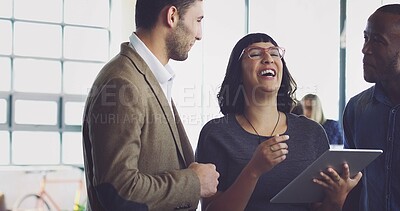Buy stock photo Tablet, discussion and team working in office on a corporate project together while talking and laughing. Technology, planning and business people doing research for company report with mobile device