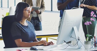 Buy stock photo Computer, research and business woman reading social network feedback, customer experience analytics or ecommerce. Digital brand monitoring, web database and media worker review of online survey data