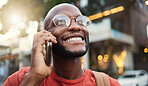 Happy black man, thinking and phone call in city for vision, communication or outdoor discussion. Face of African male person smile and talking on mobile smartphone in wonder for conversation in town