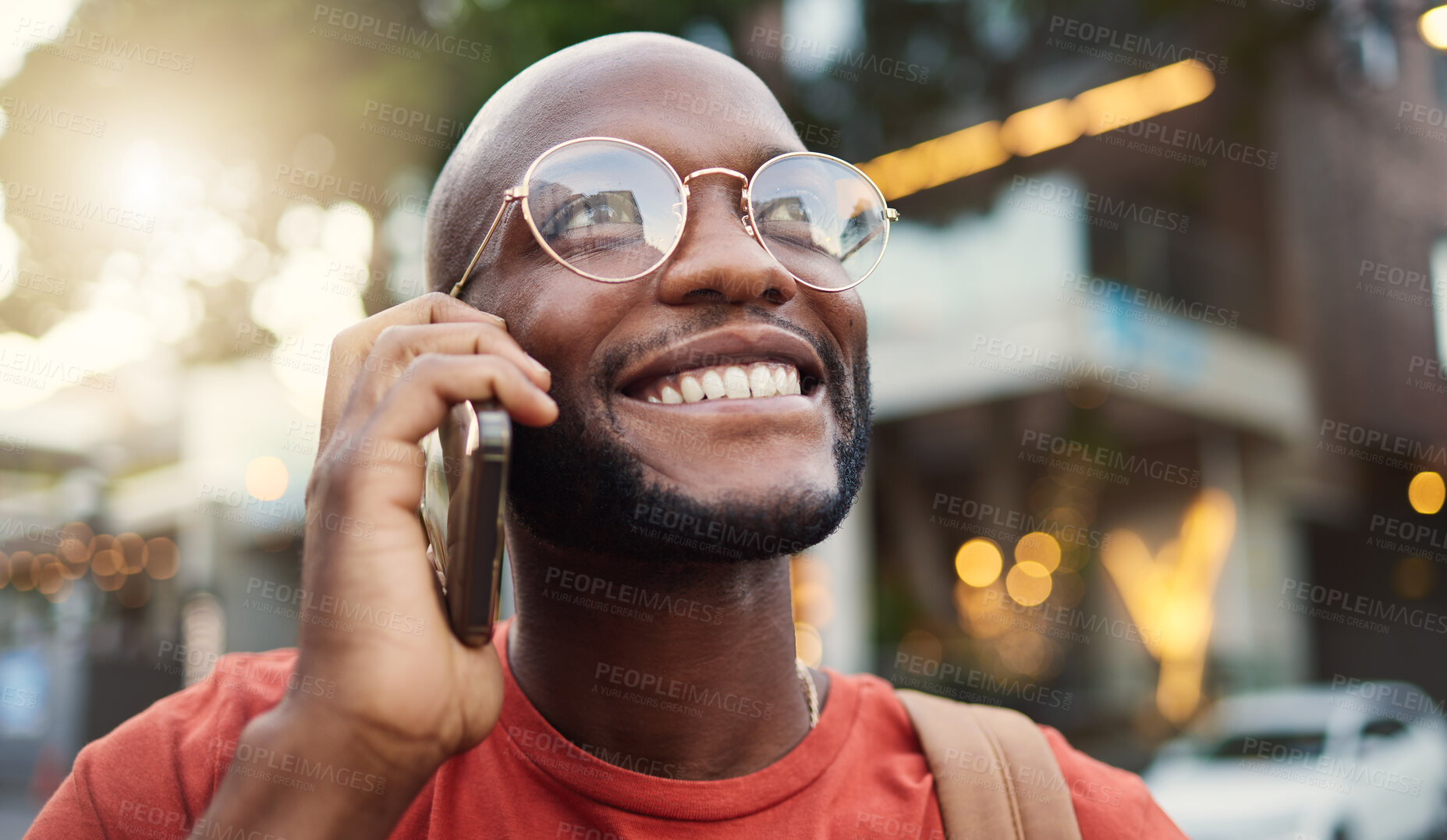 Buy stock photo Happy black man, thinking and phone call in city for vision, communication or outdoor discussion. Face of African male person smile and talking on mobile smartphone in wonder for conversation in town