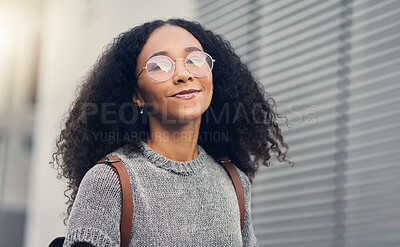 Buy stock photo Woman, portrait and city travel of student with glasses on a street with freedom. Urban, university holiday and happy face of young African person walking with backpack on adventure vacation outdoor