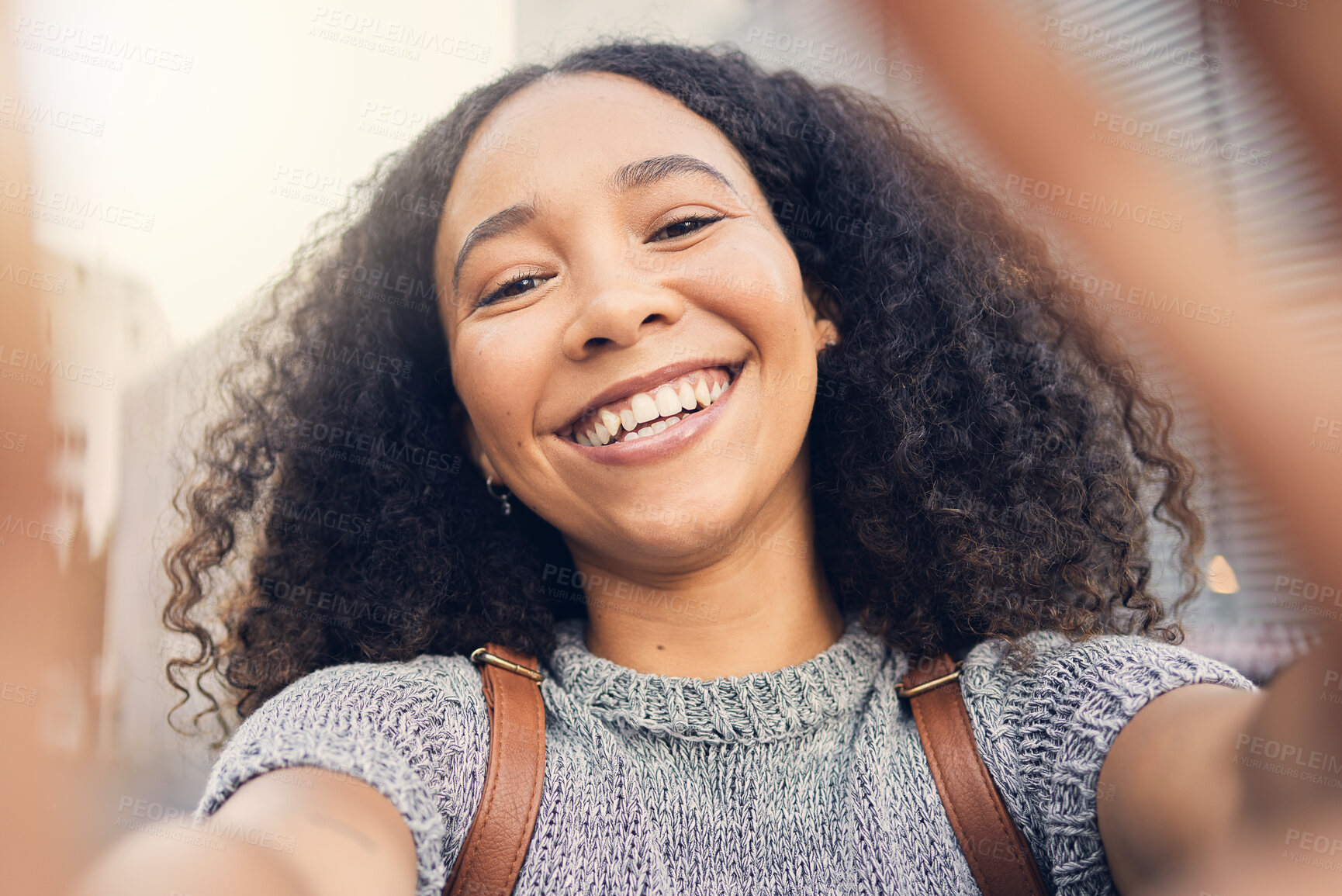 Buy stock photo Happy, selfie and portrait of a woman in the city for exploring or sightseeing on weekend trip. Social media, smile and face of African young female person from Mexico taking a picture in urban town.