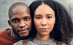 Face, couple and love outdoor, serious and bonding together for support in urban city. Portrait, interracial and African man and woman with profile picture for care, commitment and trust on date