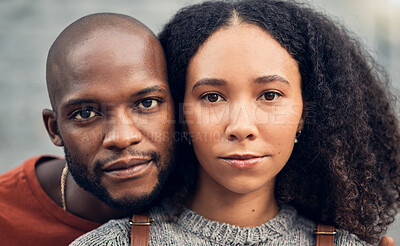 Buy stock photo Face, couple and love outdoor, serious and bonding together for support in urban city. Portrait, interracial and African man and woman with profile picture for care, commitment and trust on date