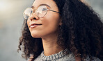 Woman, thinking and city travel of student face with glasses on a street with dream. Urban, university holiday and African female person in college walking on adventure and vacation outdoor to relax