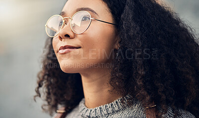 Buy stock photo Woman, thinking and city travel of student face with glasses on a street with dream. Urban, university holiday and African female person in college walking on adventure and vacation outdoor to relax
