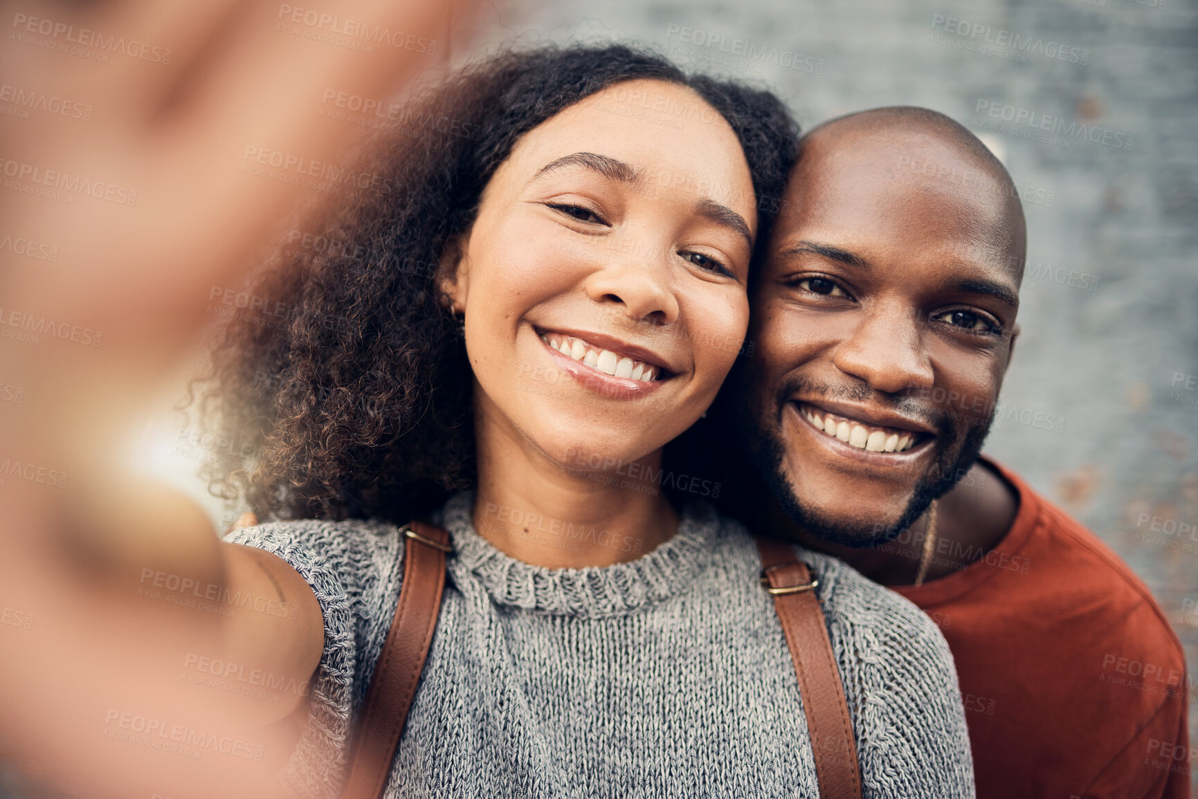 Buy stock photo Face, interracial couple and selfie outdoor, happy and bonding together for memory in urban city. Portrait, smile and African man and woman with profile picture, photography and social media on date