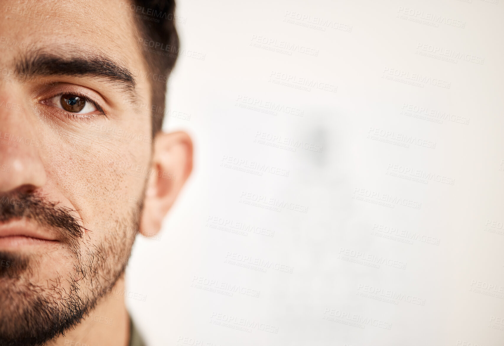 Buy stock photo Closeup, eye exam of man and face with mockup space for contact lenses, healthcare and blur vision at optometrist consultation. Half portrait, serious person and medical assessment or wellness test