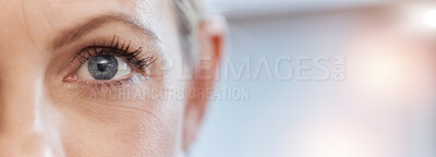 Buy stock photo Closeup, woman and eye with health for vision, looking and contact lens with mockup space. Zoom, half face and model with eyesight, cyber security and cornea scan with safety, banner and eyelashes
