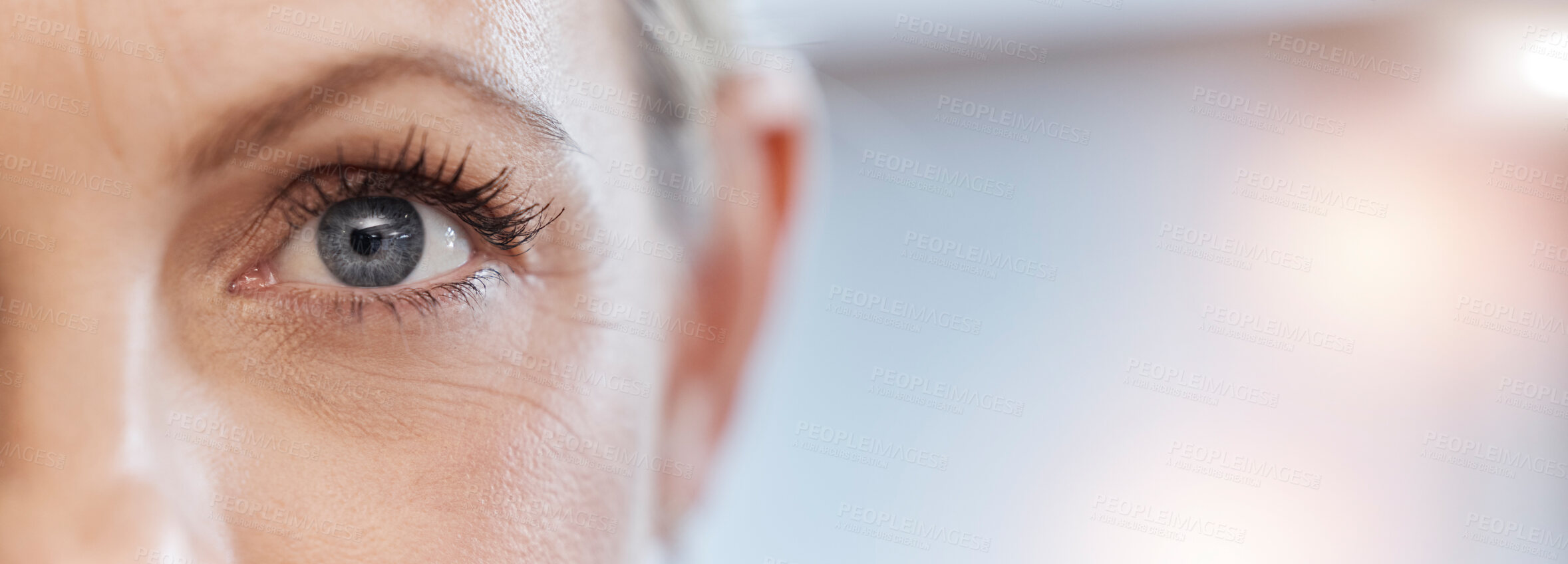 Buy stock photo Closeup, woman and eye with health for vision, looking and contact lens with mockup space. Zoom, half face and model with eyesight, cyber security and cornea scan with safety, banner and eyelashes