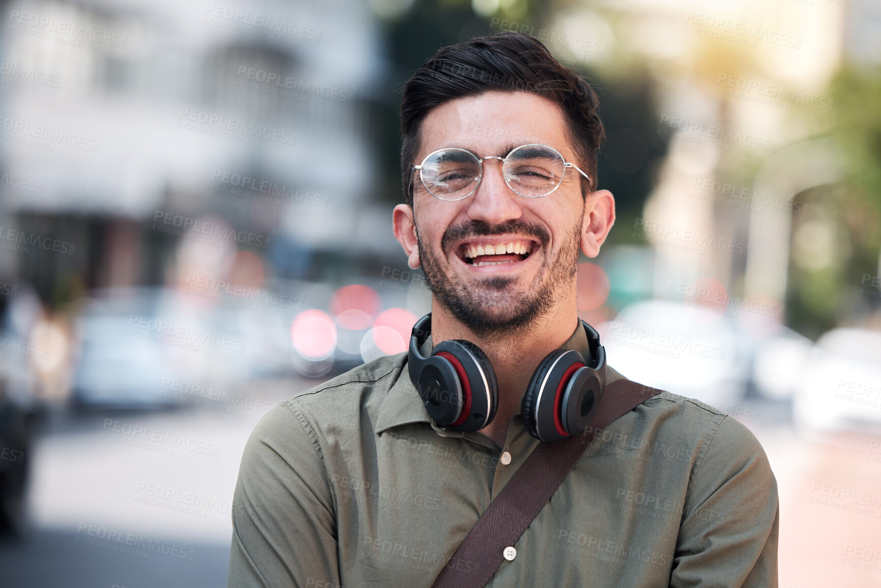 Buy stock photo Travel, city and portrait of a man outdoor on a road with a smile, glasses and headphones. Happy student or business person on urban street with freedom and pride for creative internship in Miami