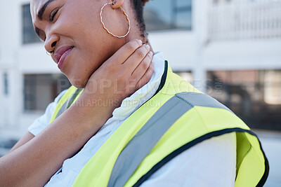 Buy stock photo Engineer, woman and neck pain from injury, stress and burnout in civil engineering, construction and mistake. Tired african architect with accident, health risk and emergency for tension outdoor 