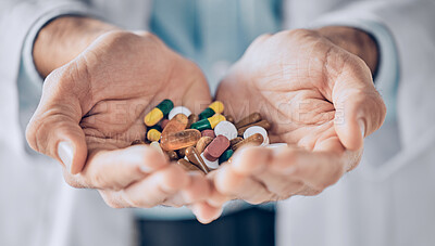 Buy stock photo Person, doctor and hands with pills for medication, drugs or antibiotics for illness, virus or medicine at hospital. Closeup of medical professional palm with tablets or pharmaceuticals at pharmacy