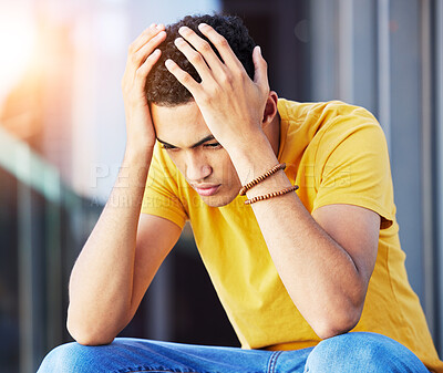 Buy stock photo Depression, man and outdoor of home with stress and problem with headache feeling worried and frustrated. Sad, grief and mental health of a male person with anxiety and tired from thinking of fail