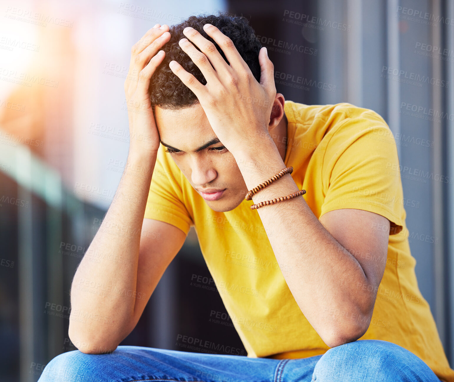 Buy stock photo Depression, man and outdoor of home with stress and problem with headache feeling worried and frustrated. Sad, grief and mental health of a male person with anxiety and tired from thinking of fail